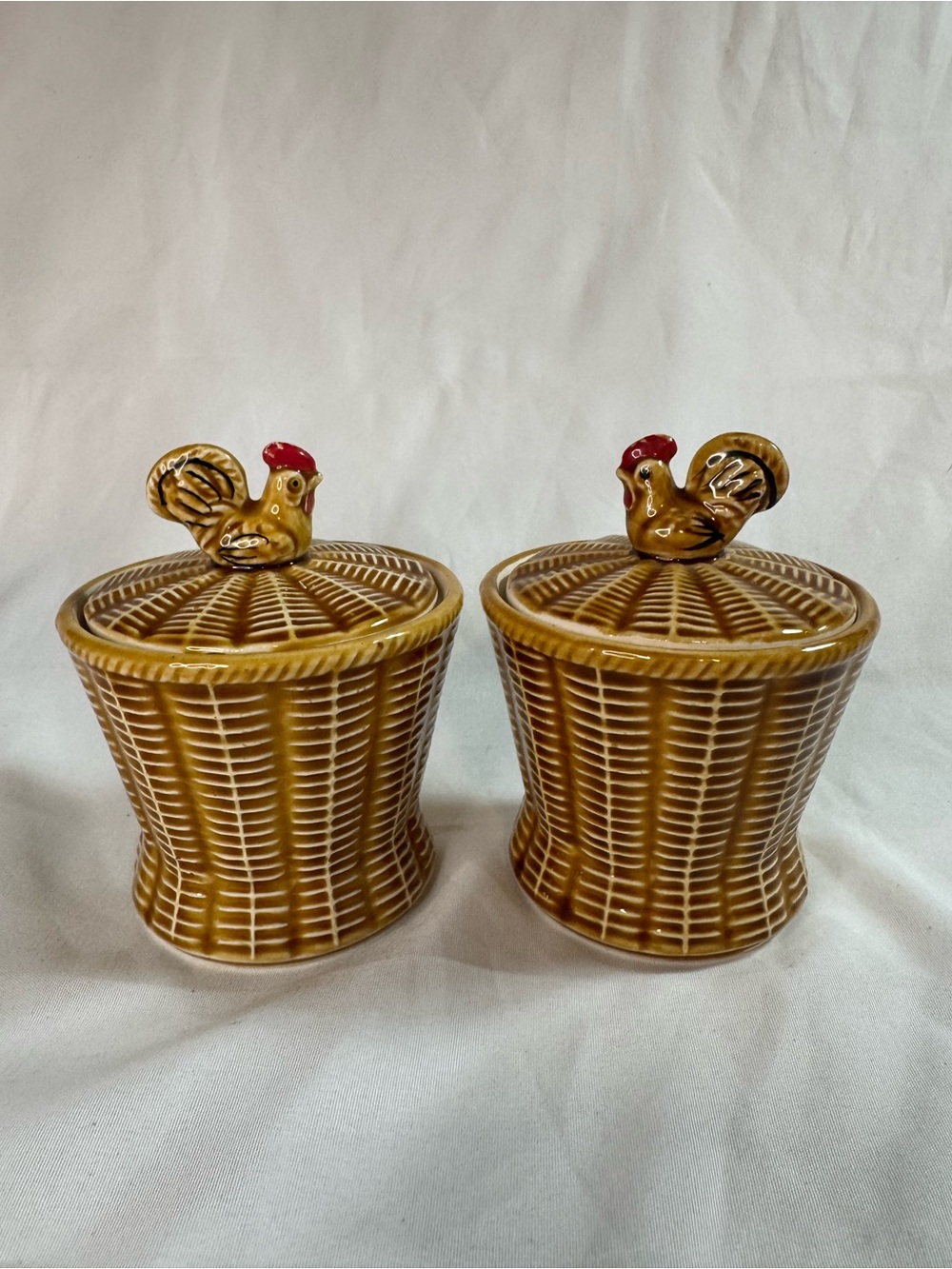 Vintage Japan Basket Weave Jam & Jelly Pot Set Rooster Lids Ceramic w/Spoons